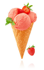 Strawberry ice cream cone with mint leaf isolated on white background with clipping path.