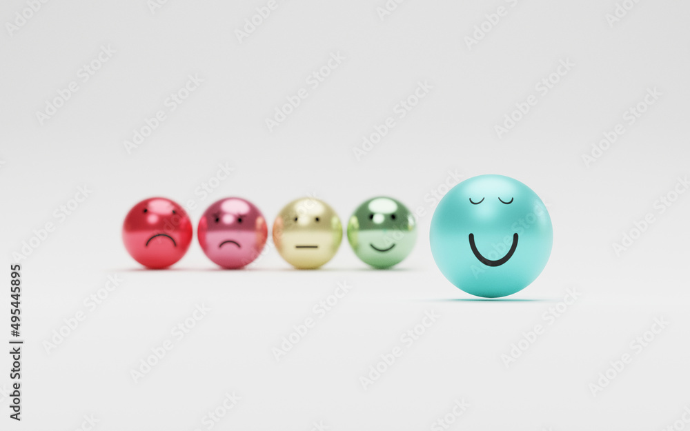 Poster smile face in front of sad and regular emotion for customer satisfaction and positive mindset thinki