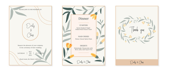 Set minimal wedding invitation card template design, botanical flowers and leaves vector, Floral poster, invite. Vector decorative greeting card, background eps10