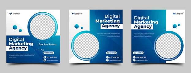 Digital marketing agency social media post template design. Modern square banner with gradient blue background color.
