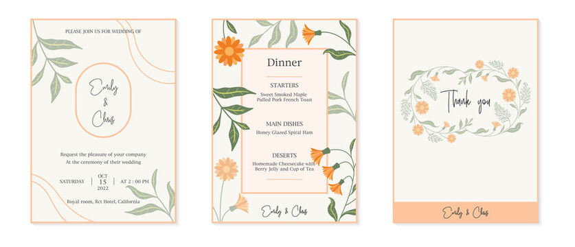Set minimal wedding invitation card template design, botanical flowers and leaves vector, Floral poster, invite. Vector decorative greeting card, background eps10