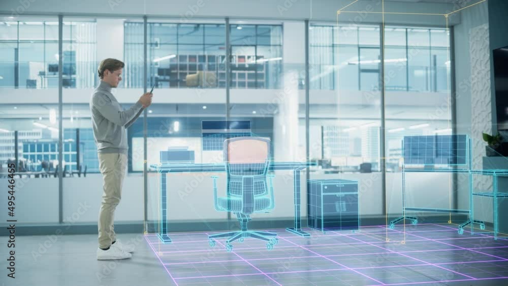 Poster handsome stylish interior designer standing in empty modern office and map it with an augmented real