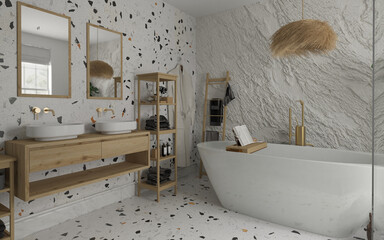Modern bathroom interior with wooden decor in eco style. 3D Render	