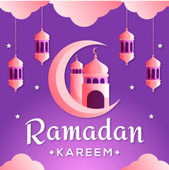 Naklejka premium Ramadan kareem crescent moon and mosque paper cut concept