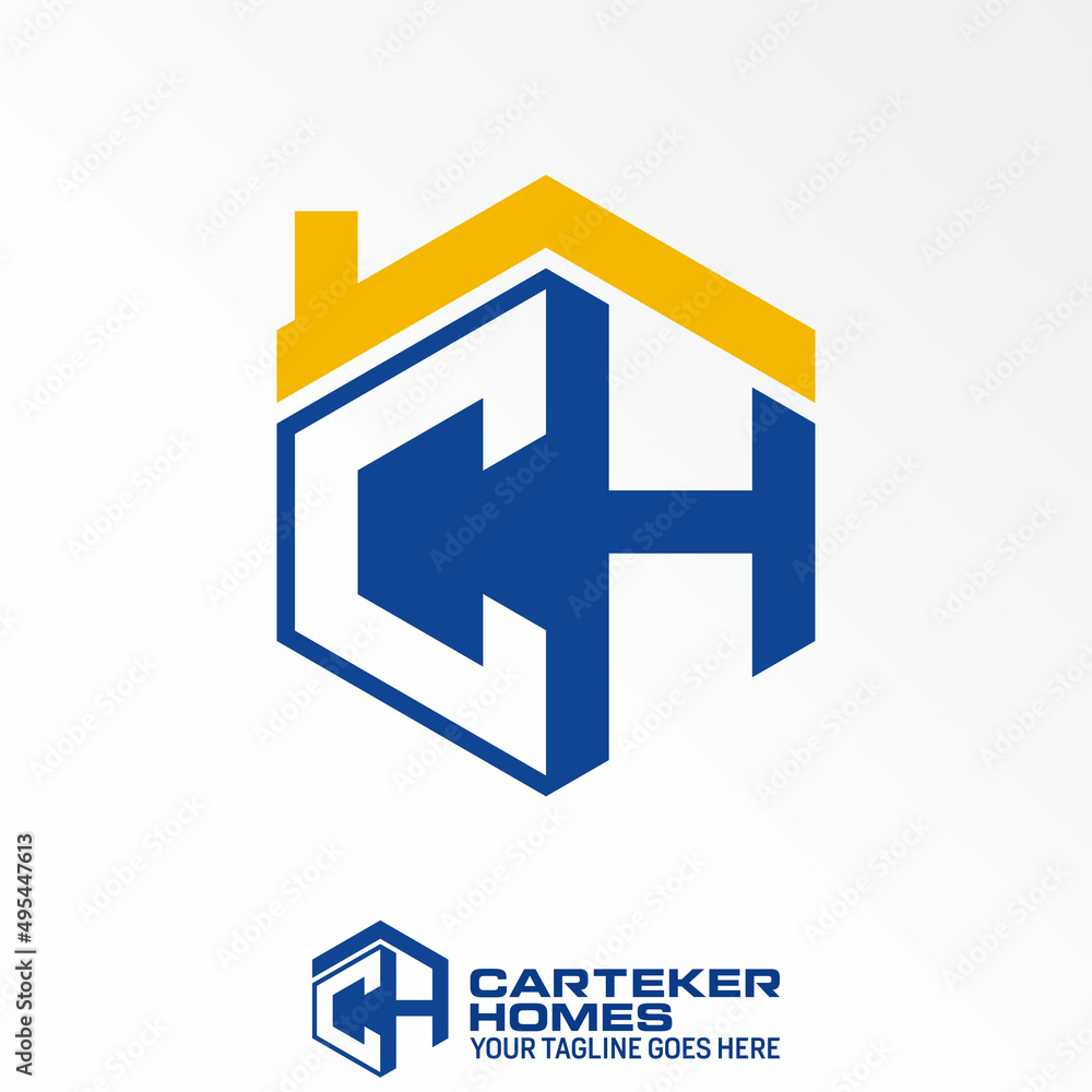 Poster letter or word ch font in hexagon line and roof house image graphic icon logo design abstract concep