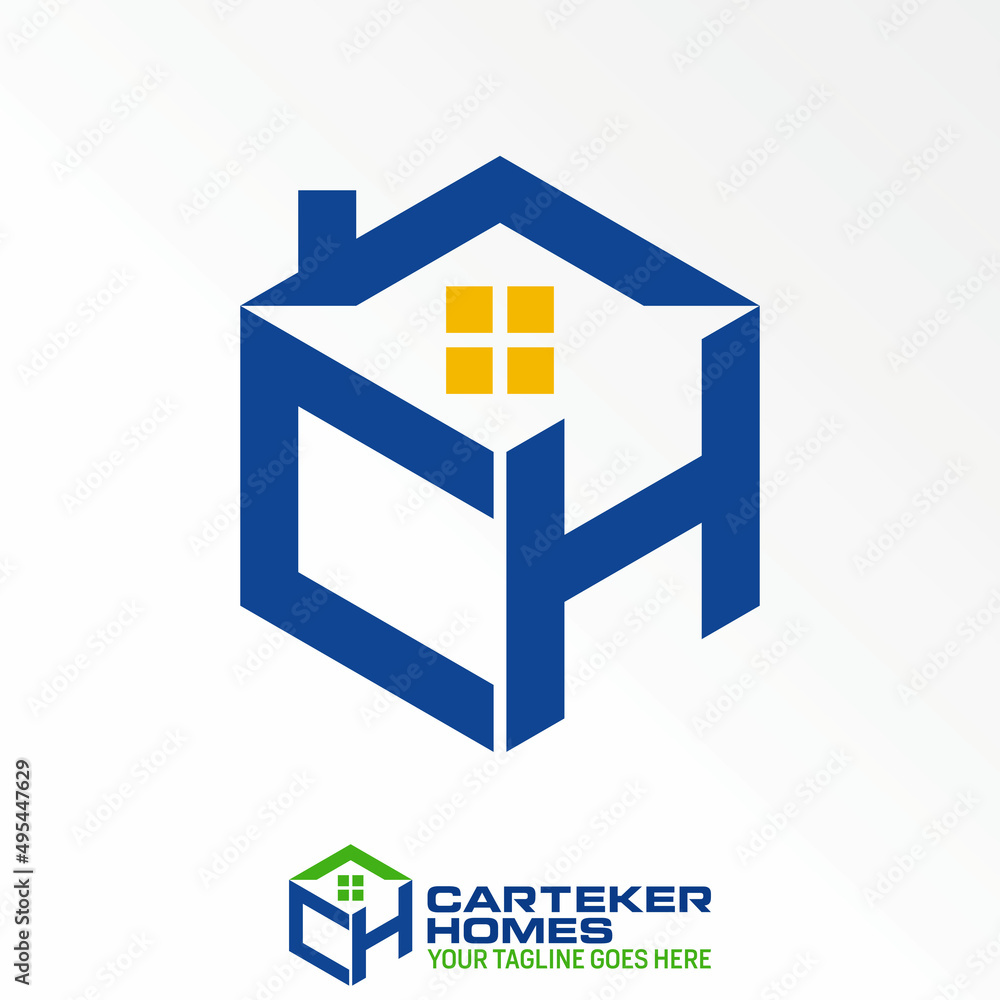 Aufkleber letter or word ch font in hexagon line and roof house image graphic icon logo design abstract concep