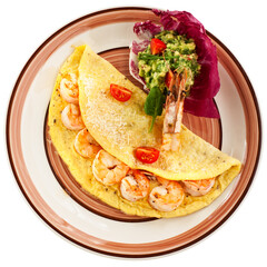 Omelette with shrimps and avocado salsa
