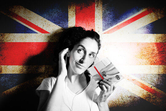 Woman listening English music with the UK flag in the background