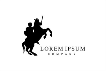 Horseback Knight Silhouette, Horse Warrior Paladin Medieval logo design with movie film