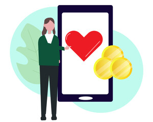 Woman donating money on mobile phone. Online donation, support and volunteers work concept.