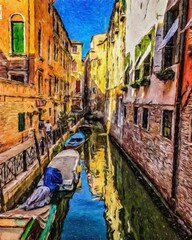 Impressionism painting modern artistic artwork, drawing oil Europe famous street, beautiful old vintage houses facade. Wall art design print template for canvas or paper poster, touristic production © Mashkhurbek