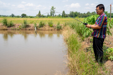Man fishing in pond of organic farm of rural
