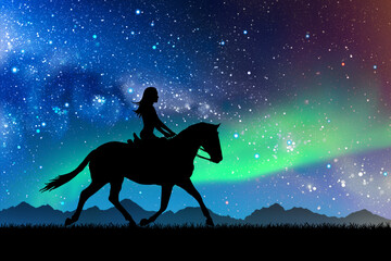 Girl on horse at night. Female rider silhouette. Milky Way and stars