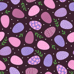 Seamless pattern with Easter decorated eggs. Purple eggs and green branches on dark background.