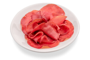 Bresaola Della Valtellina - Italian air dried beef slices in white plate isolated on white with...