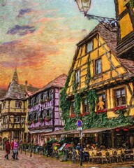 Impressionism painting modern artistic artwork, drawing oil Europe famous street, beautiful old vintage houses facade. Wall art design print template for canvas or paper poster, touristic production