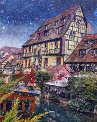 Impressionism painting modern artistic artwork, drawing oil Europe famous street, beautiful old vintage houses facade. Wall art design print template for canvas or paper poster, touristic production