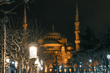 Blue Mosque or Sultanahmet Mosque at night in winter.