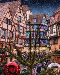 Fototapeta premium Impressionism painting modern artistic artwork, drawing oil Europe famous street, beautiful old vintage houses facade. Wall art design print template for canvas or paper poster, touristic production