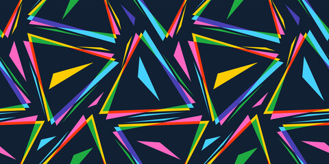 Vector vintage naadloze patroon van kleurrijke piramide met oog in de stijl van de jaren 90. Naadloos patroon van regenboogpiramide in CMYK-stijl.