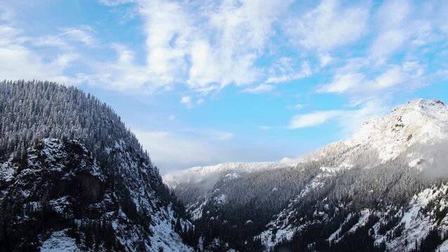 Aerial view of Snoqualmie Pass summit covered in snow.