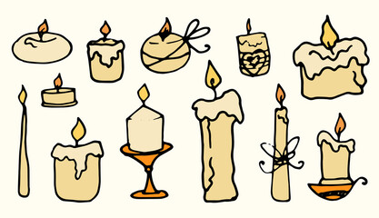 a set of burning candles in color. a collection of candles in the style of doodles of various shapes with wax drops and burning, with candlesticks and bows, with a black contour line of light yellow w