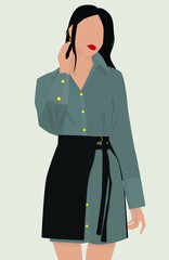 Girl in a long gray shirt, black skirt. Vector flat image of a girl with dark hair. Design for avatars, postcards, textiles, templates, posters.