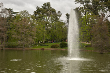 Close up of the puff of water in the pond of Crystal Palace in Retiro Park, Madrid, Spain. 