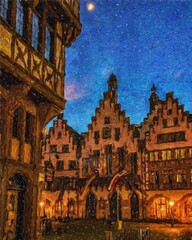 Fototapeta premium Impressionism painting modern artistic artwork, drawing oil Europe famous street, beautiful old vintage houses facade. Wall art design print template for canvas or paper poster, touristic production