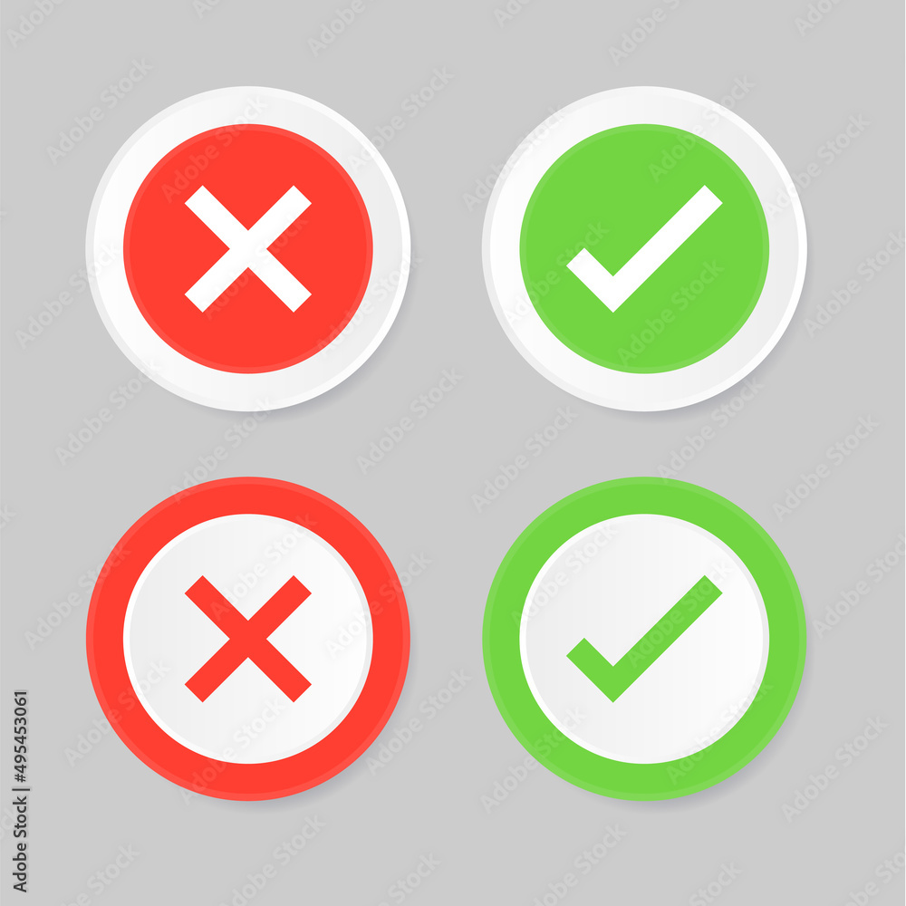 Poster checkmark icon button correct and incorrect sign or check mark box frame with green tick and red cross symbols - yes or no 3d icons buttons	
