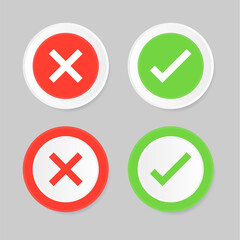 checkmark icon button correct and incorrect sign or check mark box frame with green tick and red cross symbols - yes or no 3d icons buttons	
