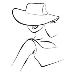 Woman in a hat line art. Modern continuous line art. Fashion print. Modern continuous line art. Vector illustration