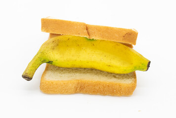 bread and bananas close up isolated on white background,front view