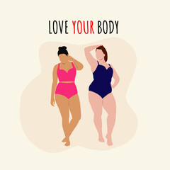 Template for banner with plus size women. Advertising material. Vector illustration