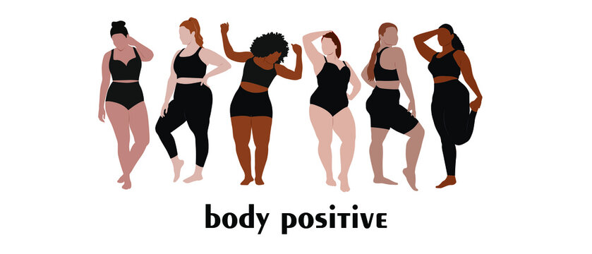 Plus size women in different poses. Creative template for advertising, banner, flyer. Vector illustration
