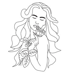 Picture of a young girl. Girl with flowers. Girl with a rose. Linear illustration on a white background. Vector illustration