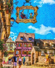 Impressionism painting modern artistic artwork, drawing oil Europe famous street, beautiful old vintage houses facade. Wall art design print template for canvas or paper poster, touristic production