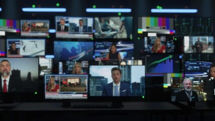 Background with Technological Multi-Screen Wall with TV Sets and Computer Displays Playing Different News Channels, Reporting on Different Topics. Playback Concept with Soft Focus Image.
