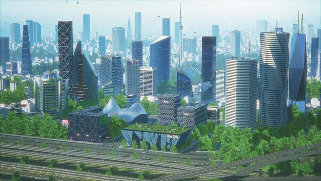 Futuristic City Concept. Wide Shot of an Animated Modern Urban Megapolis with Creative Skyscrapers with Banks, Offices, Hotels, Autonomous Flying Drones, Highway with Cars and Perfect Clear Blue Sky.