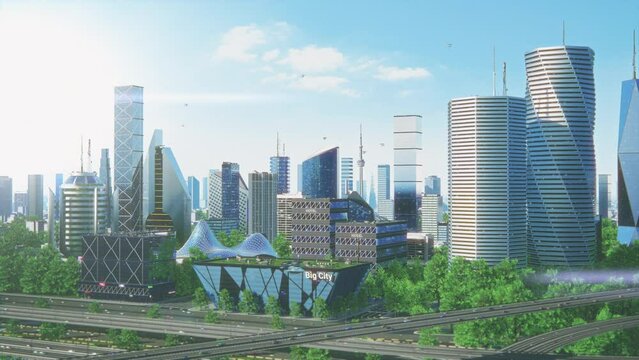 Futuristic City Concept. Wide Shot of an Animated Modern Urban Megapolis with Creative Skyscrapers with Banks, Offices, Hotels, Autonomous Flying Machines and Perfect Clear Blue Sky on Sunny Day.