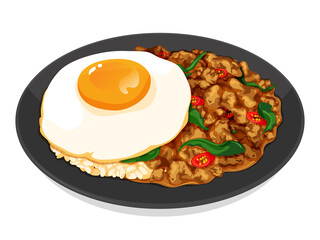 Spicy thai holy basil chicken with egg over rice dish recipes illustration vector. (Pad Kra Pao, Kra Pow Kai) - obrazy, fototapety, plakaty