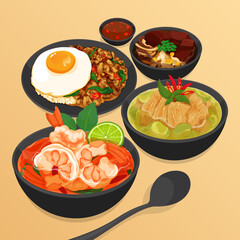 Thai street food restaurant menu illustration vector. 
(Tom Yum Kung, Tom Yum Goong, Pad Kra Pao, Kra Pow Kai, Keang Keaw Wan Kai, Thai Blood Soup)