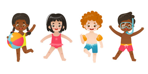 Summertime happy kids set. Collection of cartoon summer beach children. Playful baby in swimwear bundle.