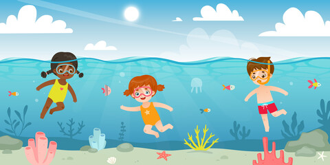 Cute kids diving in the sea. Cartoon children snorkeling in the ocean. Young divers watching the fish on coral reef. - obrazy, fototapety, plakaty
