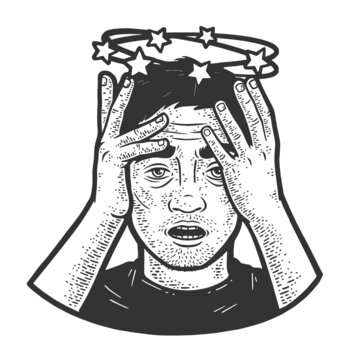 recommend clip art: hangover man sketch engraving raster illustration. T-shirt apparel print design. Scratch board imitation. Black and white hand drawn image.