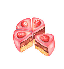 Watercolor Strawberry cake. Pink cake with strawberries. Bento cake. Korean cake illustration. Food illustration. Watercolor pastry. Design for logo, bakery, banners, cards, web, greetings, packing