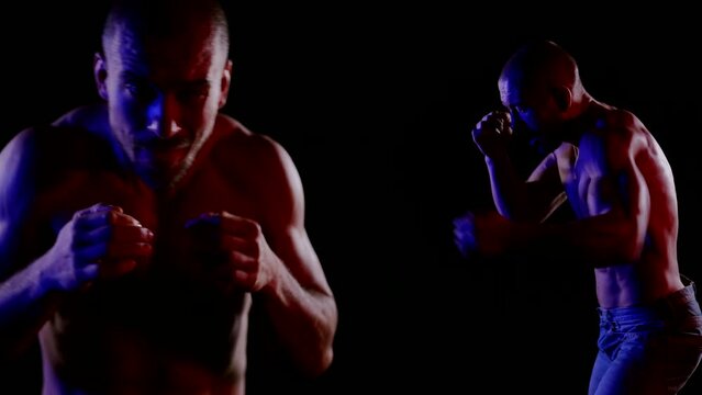 a collage of two images. close-up and medium-sized plans of a muscular boxing man with a bare torso on a dark background. red and blue light