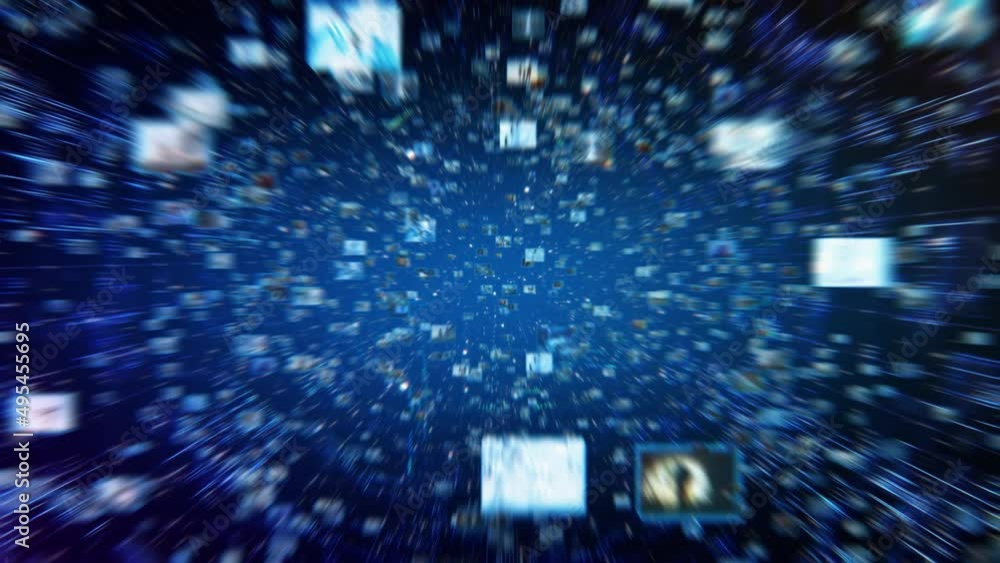Poster VFX Animated Background with Virtual Social Media Reality Interconnected by Internet Into Worldwide Web. Internet of Things Concept with Videos, Avatars, Big Data Flowing in Online Information Space.