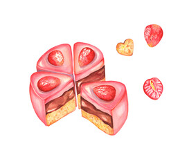 Watercolour Strawberry cake. Watercolor food illustration. Chocolate cake with strawberries.Love, romantic. Bento cake. Korean cake. Watercolour pastry and confectionery. Design for bakery