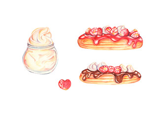 Watercolor eclairs and whipped cream. Watercolor pastry. Confectionery illustration. Strawberry eclairs. Chocolate eclair. Pink cakes. Chocolate cake with cream. Design for logo, banners, bakery, menu